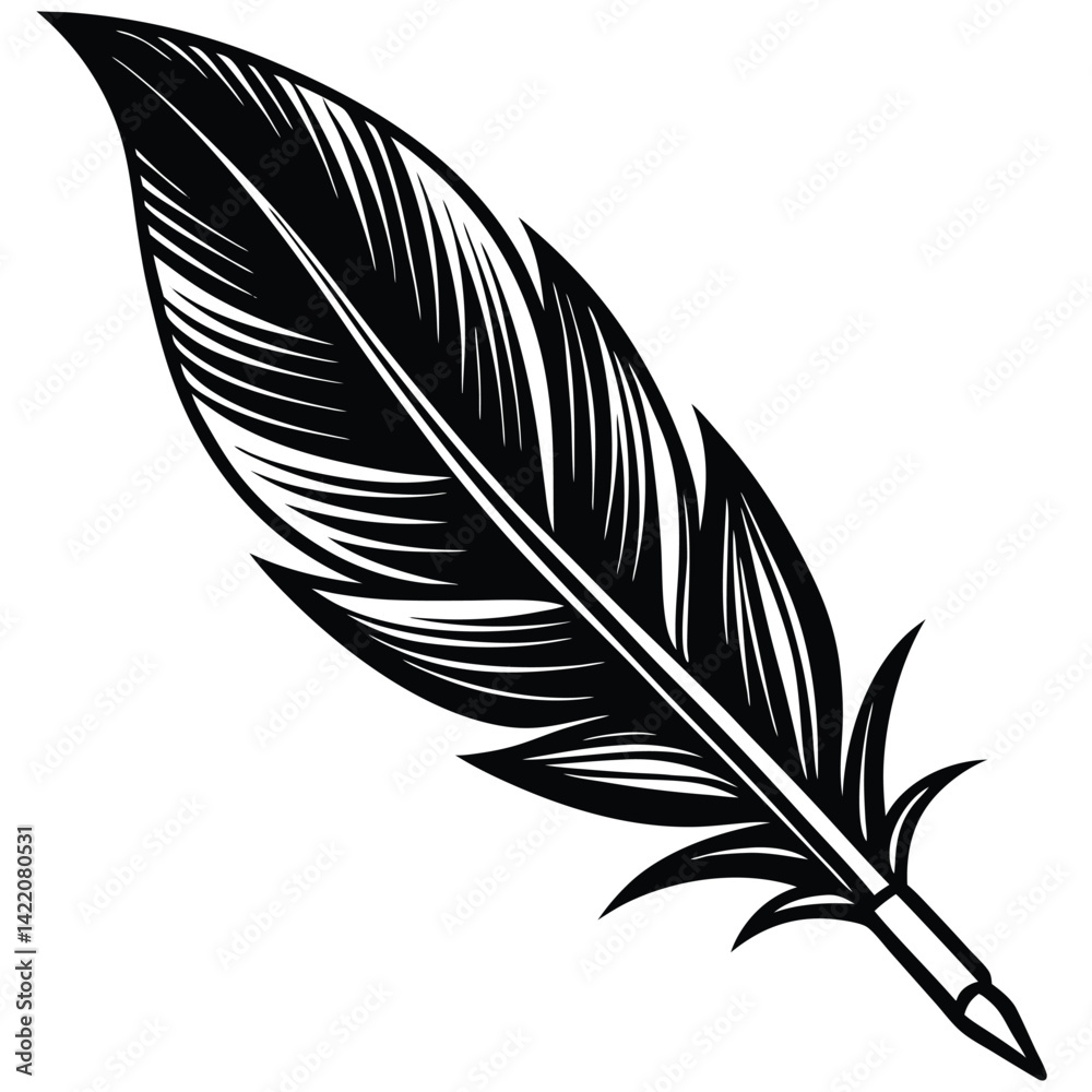 Fototapeta premium Elegant Black and White Feather Illustrations, Hand-Drawn Feather Designs in Black and White, Stylized Feather Clipart Collection.