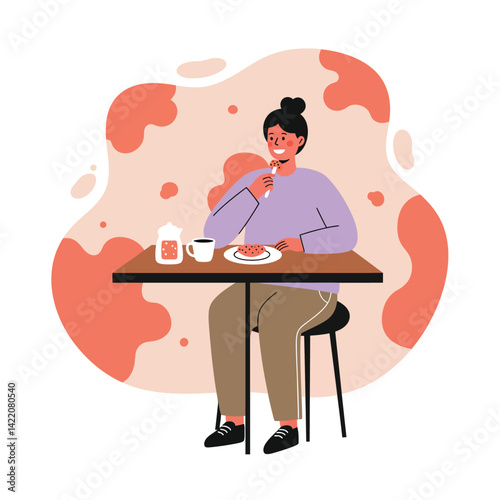 Woman enjoying breakfast at table with coffee and toast in modern casual setting 