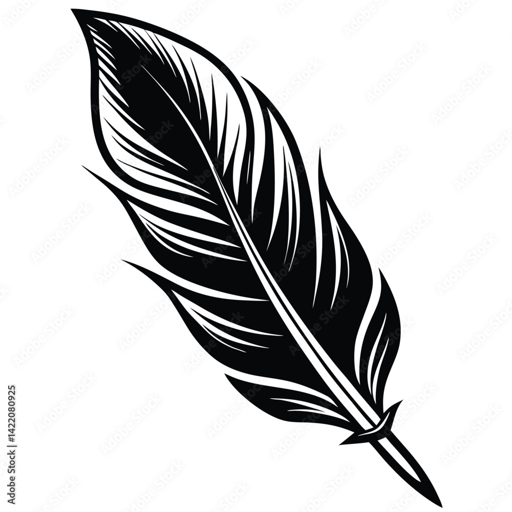 Obraz premium Elegant Black and White Feather Illustrations, Hand-Drawn Feather Designs in Black and White, Stylized Feather Clipart Collection.