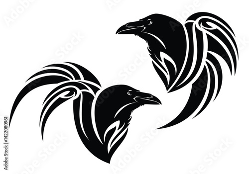mysterious raven profile head with stylized tribal style wing - magic spirit bird black and white vector design set