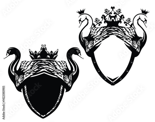 pair of elegant swan birds with bent neck and spread wing, heraldic shield and royal crown - medieval style fairy tale coat of arms black and white vector design set