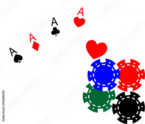 A winning hand of four aces accompanied by colorful poker chips, showcasing the thrill and excitement of a casino gambling scene.