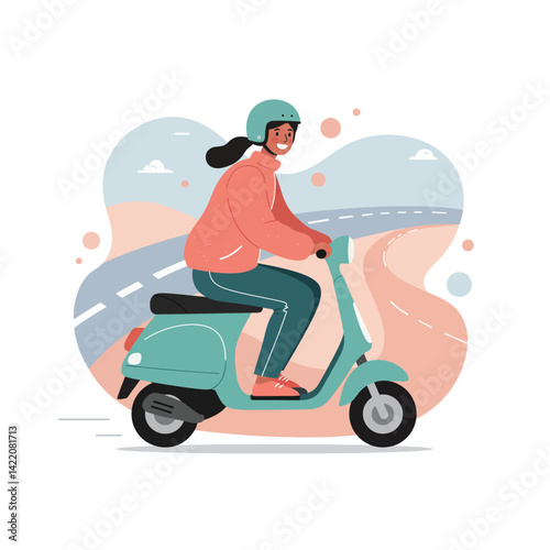 Woman riding mint green scooter on city road wearing helmet and coral jacket in casual style 