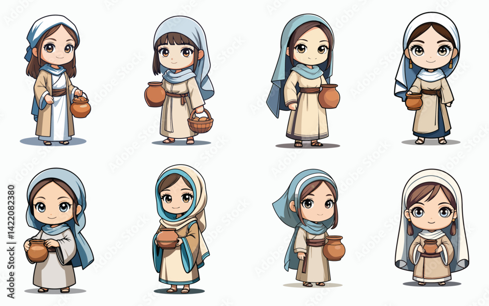Fototapeta premium Chibi Biblical Woman Icon with Veil and Clay Jar in Hand