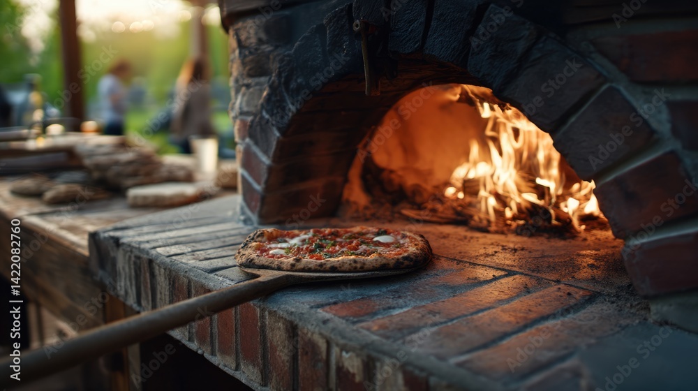 Traditional pizza oven with a freshly baked pizza.