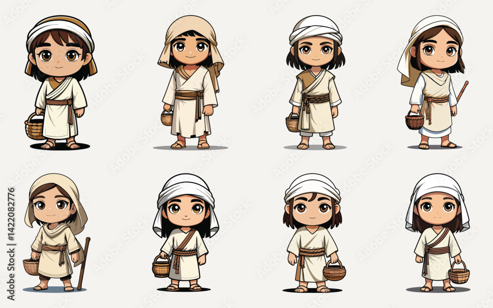Fototapeta premium Eight Chibi Arab Characters in Traditional Ancient Outfits Icon Set