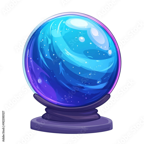 A mystical blue and purple crystal ball sits on a dark stand a magical orb