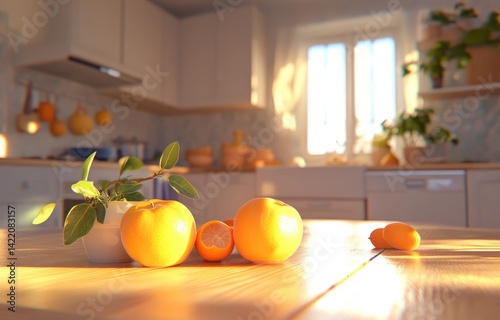 Sunny kitchen scene with fresh fruit photo
