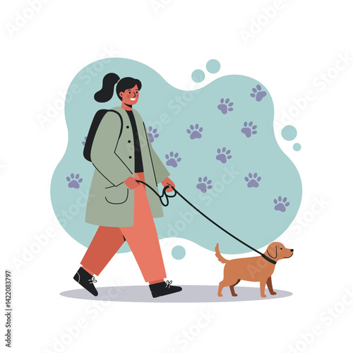 Woman walking dog on leash in casual outfit with paw prints background illustration