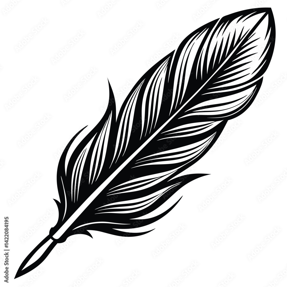 Obraz premium Elegant Black and White Feather Illustrations, Hand-Drawn Feather Designs in Black and White, Stylized Feather Clipart Collection.