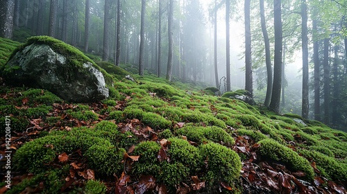 Misty forest floor, mossy slope