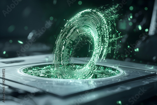 A futuristic digital portal glows with intricate green circuitry. Suggesting a gateway or data stream for advanced technology. Ideal for tech design or sci-fi themes.