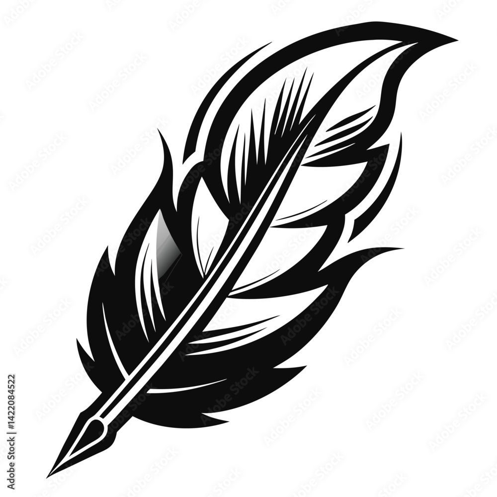 Obraz premium Elegant Black and White Feather Illustrations, Hand-Drawn Feather Designs in Black and White, Stylized Feather Clipart Collection.