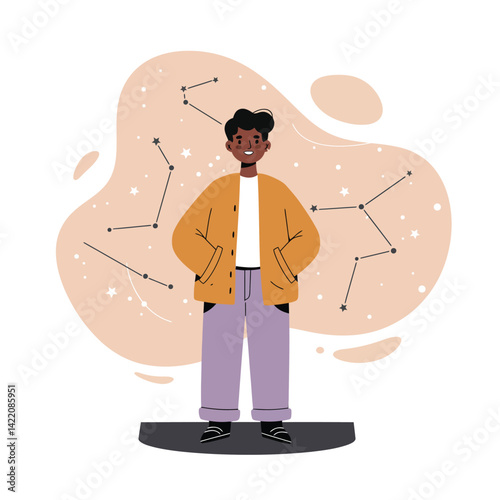Young person standing with constellation star patterns background in casual outfit illustration