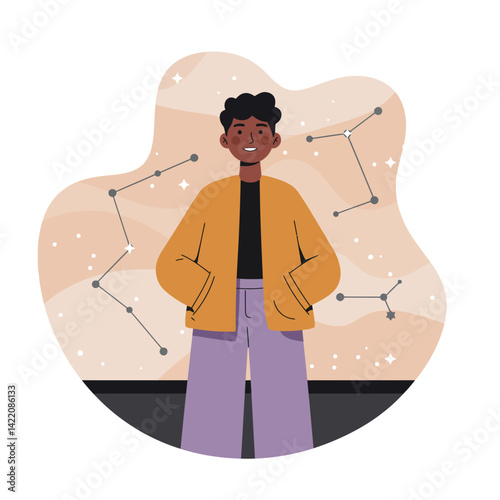 Young person standing confidently with constellation background in muted tones and casual outfit in digital illustration style 