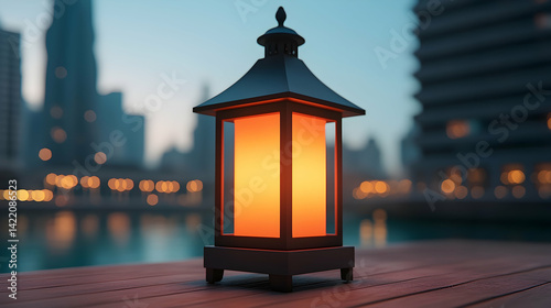Blue Lantern with Islamic Decorations Glowing Softly at Dusk in a City Setting