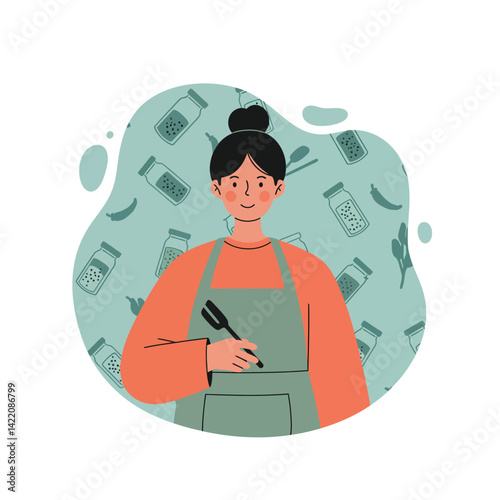 Young woman cooking with spatula in apron and orange sweater illustration in kitchen setting 
