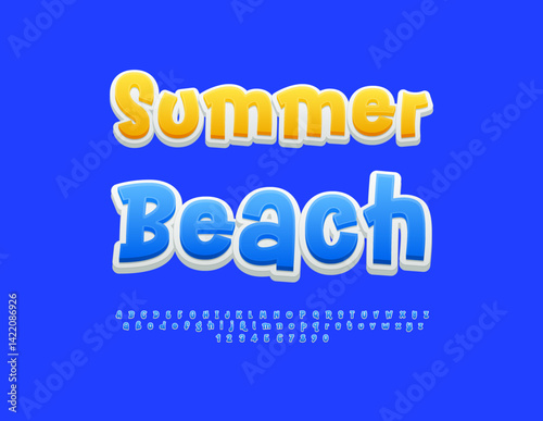 Vector Advertising flyer Summer Beach. Funny Blue Font. Trendy Playful Alphabet Letters and Numbers set.