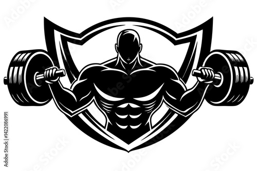 Strength in Focus: A powerful, muscular physique personifies strength, holding a heavy barbell in this dynamic illustration, encapsulated within a bold shield symbolizing protection and prowess. 