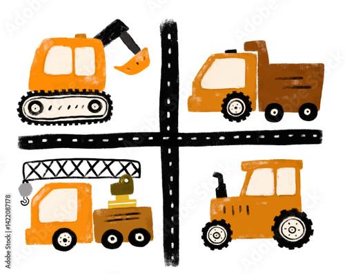Cute set of orange construction site machines vehicles transportation excavator crane tractor dump trash truck road street doodle hand drawn kids crayon watercolor illustration boy birthday party