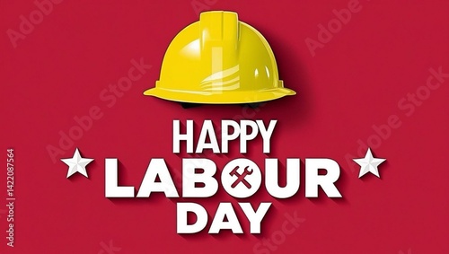 Cheerful Happy Labour Day Banner with Yellow Hard Hat and Red Accents