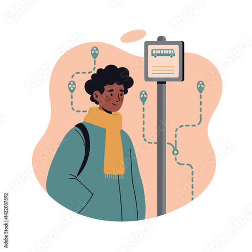 Young man waiting at bus stop wearing winter coat and yellow scarf with map background illustration 