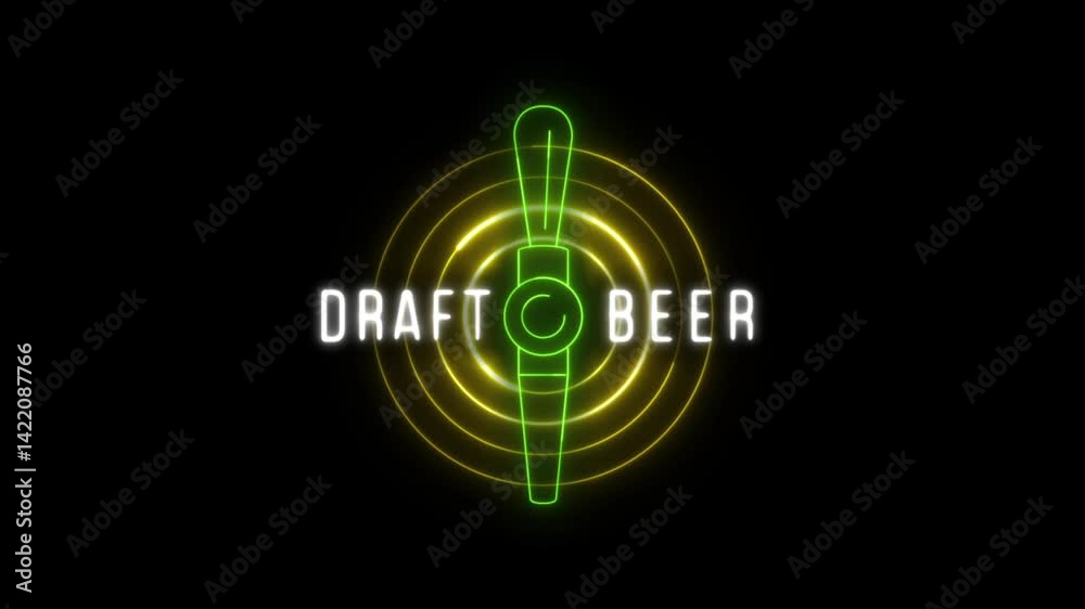 Draft beer neon logo animation. Glowing tap icon and tagline on a black background. Flickering sign for a pub or bar