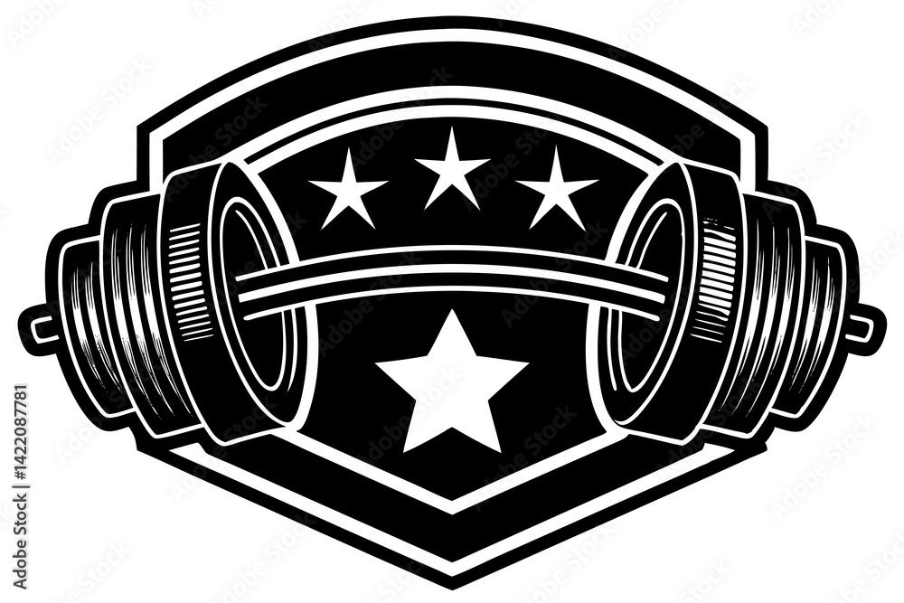Obraz premium Fitness Emblem: A bold fitness emblem, featuring a stylized barbell and stars, symbolizing strength, dedication, and achievement in the pursuit of physical excellence. 