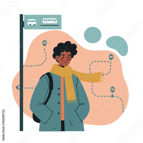 Young man waiting at bus stop with scarf and backpack in urban public transport setting
