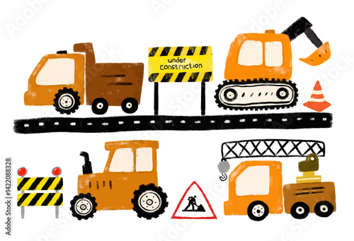 Cute set of orange construction site machines vehicles transportation excavator crane tractor dump trash truck road street doodle hand drawn kids crayon watercolor illustration safety sign