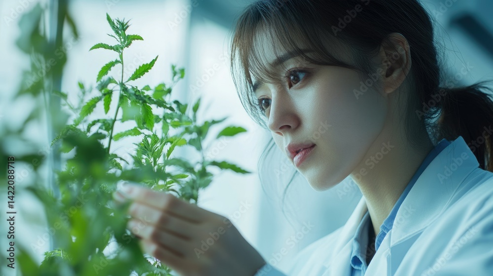 A female scientist carefully examines a vibrant green plant, showcasing meticulous research in a botanical lab setting. A female scientist carefully examines a vibrant green plant, showcasing meticulous research in a botanical lab setting.