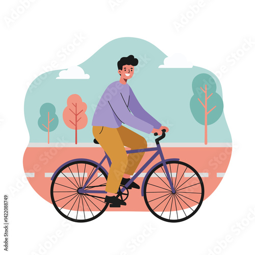 Young man riding bicycle outdoors with trees and clouds in background in casual clothing 