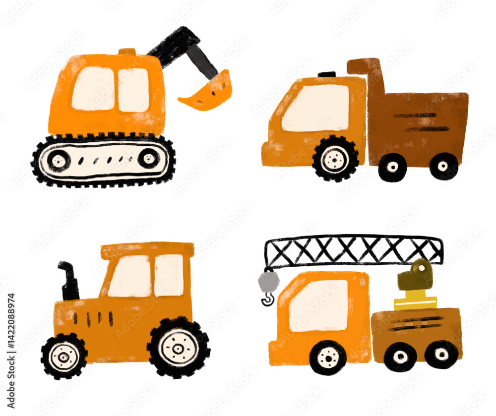 Cute set of orange construction site machines vehicles transportation excavator crane bulldozer tractor dump trash truck car doodle hand drawn kids crayon watercolor illustration boy birthday party