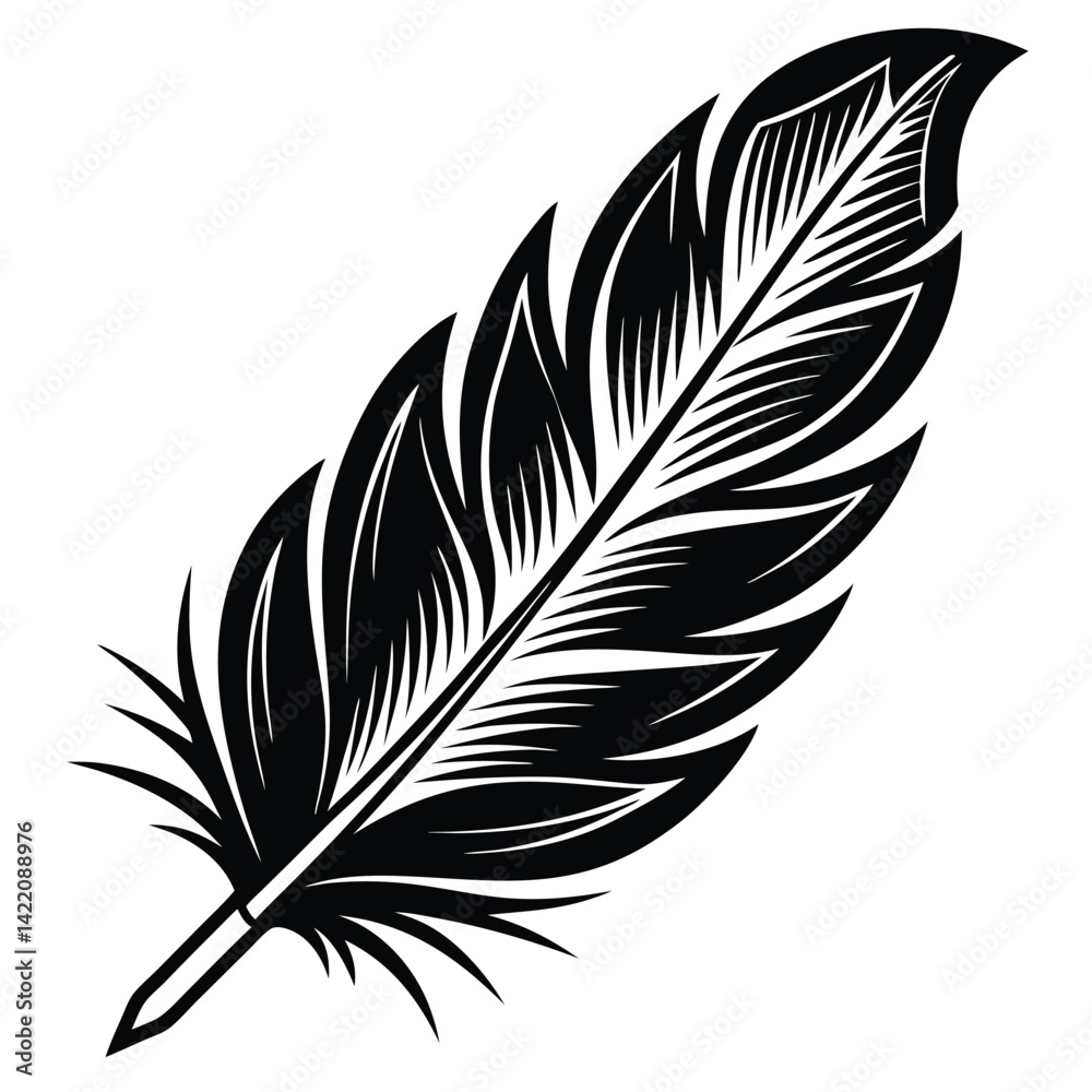 Obraz premium Elegant Black and White Feather Illustrations, Hand-Drawn Feather Designs in Black and White, Stylized Feather Clipart Collection.