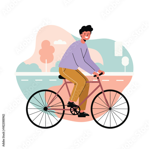 Man riding bicycle outdoors on city street with trees and buildings in background cheerful urban cycling scene 