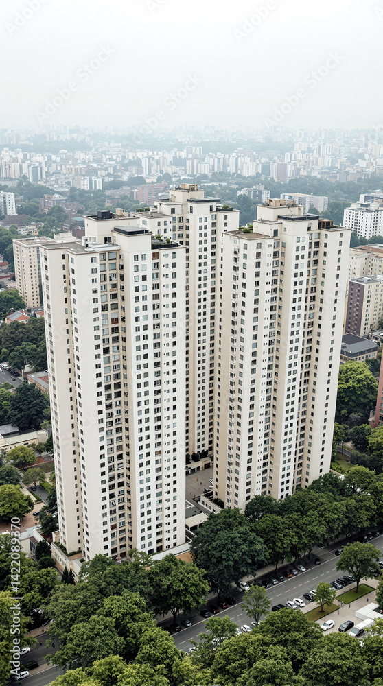 Obraz premium four light beige apartment buildings viewed from above in a hazy cityscape