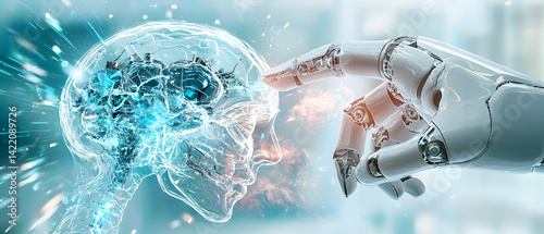 An AI hand touches a human brain representing technology's impact on human intellect. Suggesting AI and human collaboration or augmentation.