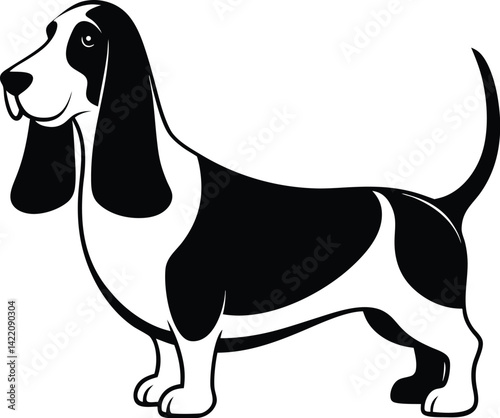 Basset hound silhouette, Vector illustration, Flat style icon of basset hound for different design, Cute family dog, Simple silhouette pictogram for different design 