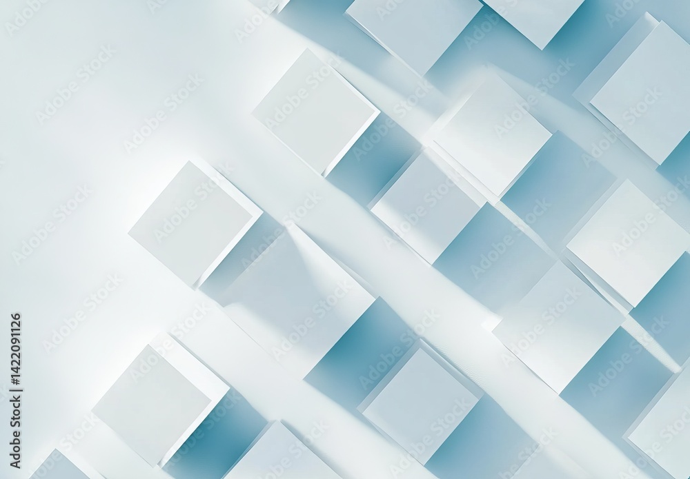 Fototapeta premium Minimalist white 3D cubes, geometric abstract pattern, blue shadows
