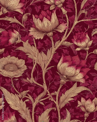 Intricate floral pattern featuring meticulously detailed flowers and leaves in shades of red and gold on a deep red background.