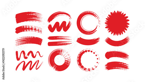 Red Brush Strokes : A collection of bold and dynamic red brush strokes, each with a unique texture and shape, perfect for adding artistic flair to any project.
