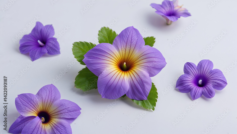 Fototapeta premium Purple Blooming Flowers With Green Leaves On A White Background Minimalist Style