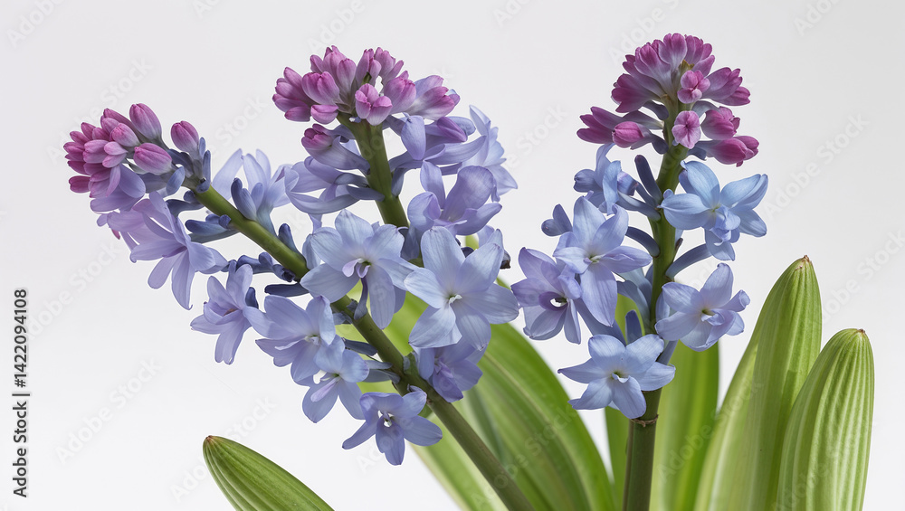 Obraz premium Purple And Blue Hyacinth Flowers Blooming Fresh Spring Flower Display White Background