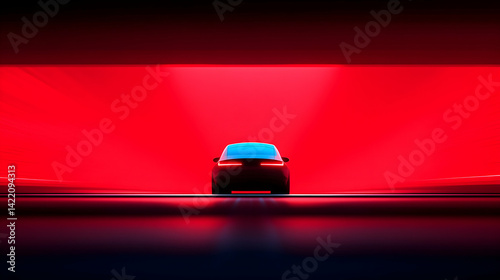 Blue Car in Red Neon Tunnel at Night