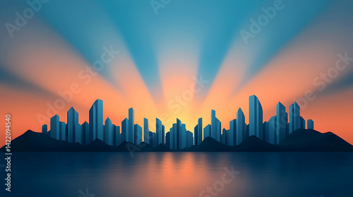 City Skyline at Sunset Over Calm Ocean
