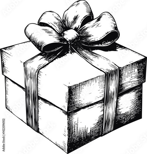 Detailed black and white sketch of a gift box with ribbon and bow. Vector illustration