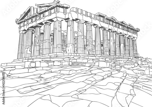 Line drawing of the ancient parthenon temple with surrounding stones. Vector illustration