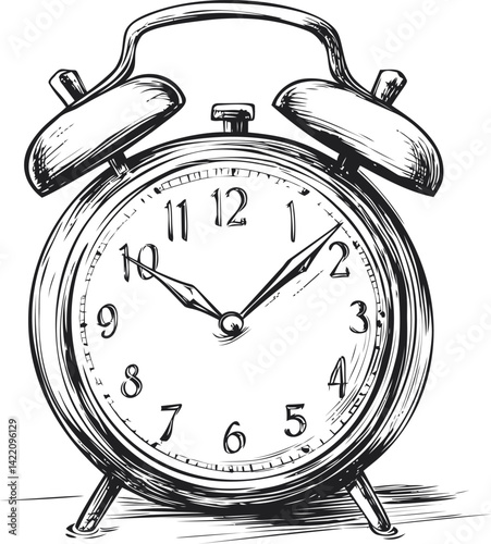Illustration of a vintage alarm clock with ringing bells, black and white sketch. Vector illustration