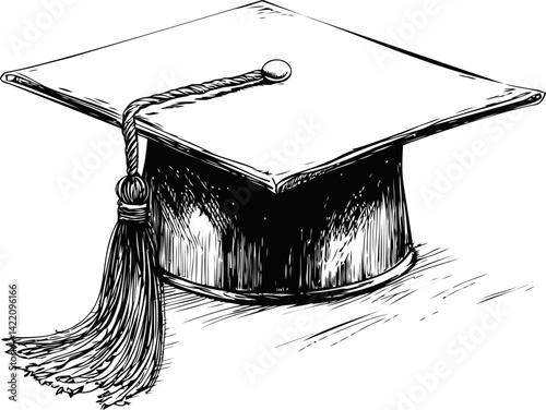 Sketch of a graduation cap with tassel in black and white illustration. Vector illustration