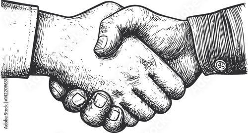 Detailed sketch of two hands shaking in agreement, monochrome illustration. Vector illustration